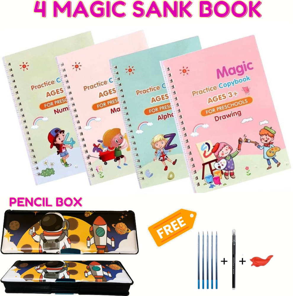 Sank Magic Copybook | Practice Book | Writing Book | Space Theme Magnetic Pencil Box | Pencil Case | Number Tracing Book with Pen | Return Gift | (4 Book + 1 Pen + 10 Refill + 1 Grip+ Pencil Box)     			Sank Magic Copybook | Practice Book | Writing Book | Space Theme Magnetic Pencil Box | Pencil Case | Number Tracing Book with Pen | Return Gift | (4 Book + 1 Pen + 10 Refill + 1 Grip+ Pencil Box)