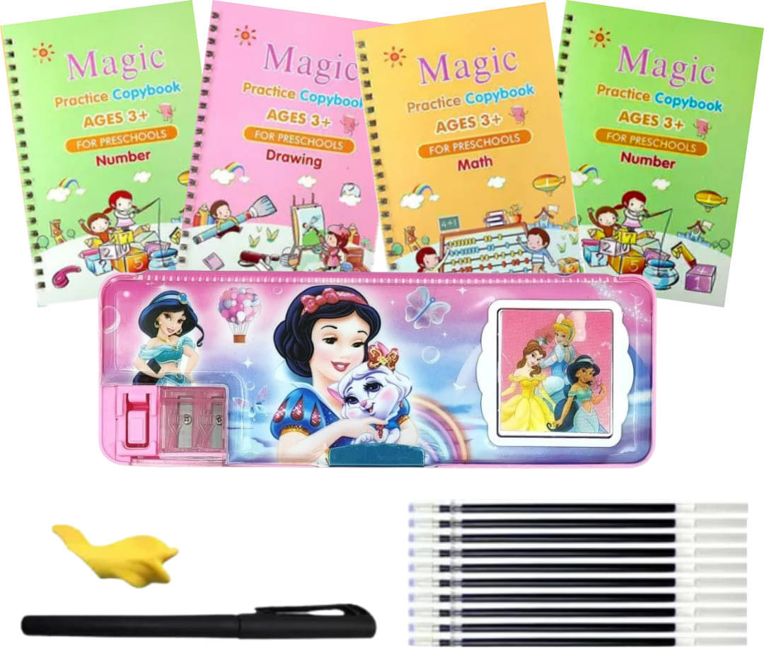    			Sank Magic Copybook |Writing Book |Disney Princess Magnetic Pencil Case with Duel Integrated Sharpener & Mini Calculator |Magic Calligraphy Book | (4 Book + 1 Pen + 10 Refill + 1 Grip+ Pencil Box)