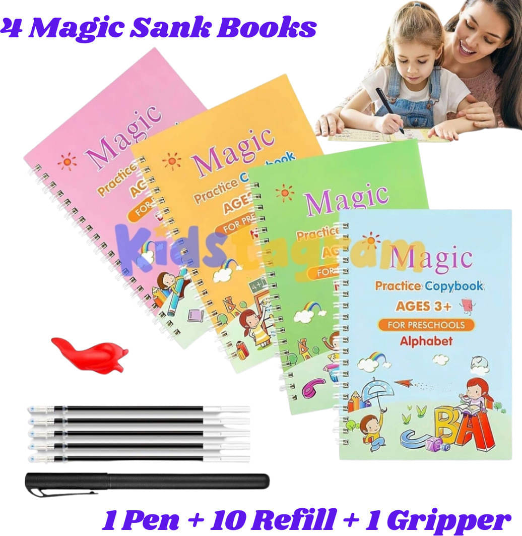 Sank Magic Practice Copybook, (4 Book + 10 Refill+ 1 grip+ 1 pen) kids book, magic book, magic ink, reusable book Sank Magic Practice Copybook, (4 Book + 10 Refill+ 1 grip+ 1 pen) kids book, magic book, magic ink, reusable book