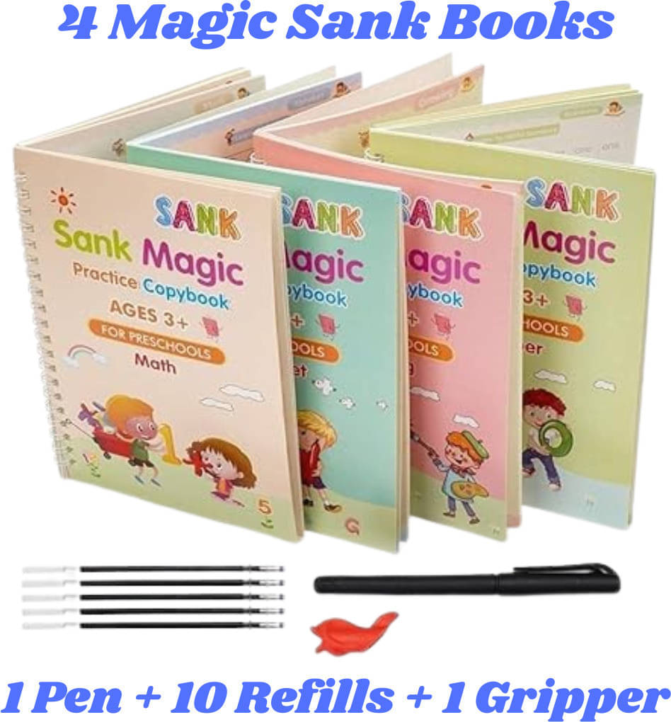 Sank Magic Practice Copybook | Erasable Book | Writing Book | Kids Book (4 Book + 1 Pen + 10 Refill + 1 Grip) | Reusable Book Sank Magic Practice Copybook | Erasable Book | Writing Book | Kids Book (4 Book + 1 Pen + 10 Refill + 1 Grip) | Reusable Book