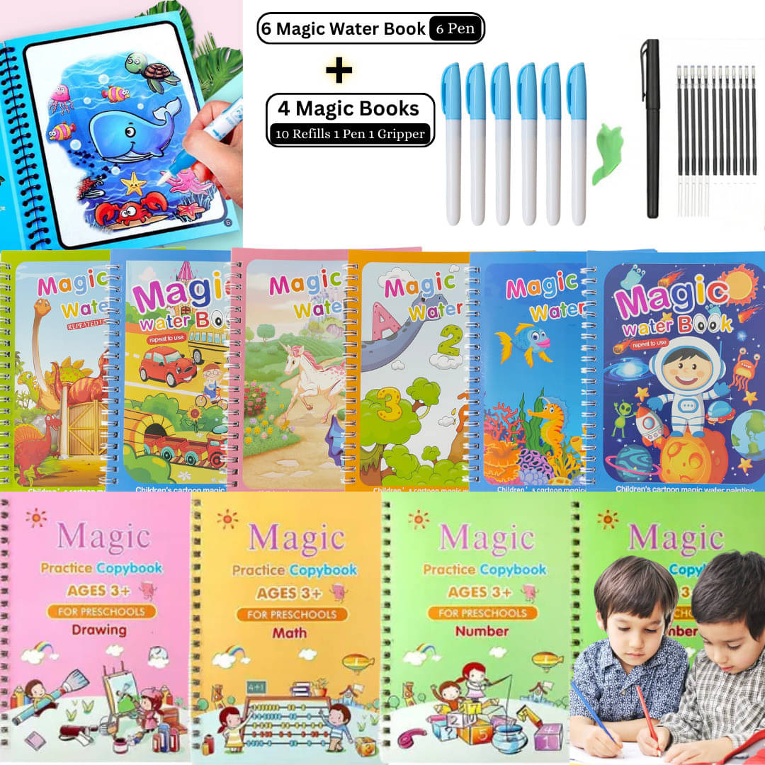     			Sank Magic Practice Copybook For Kids With Water Magic Book ( 4 Book + 10 Refill + 1 Pen + 1 Grip with 6 Magic Water Book with 6 Pen ), Quick Dry Painting and Reusable Book
