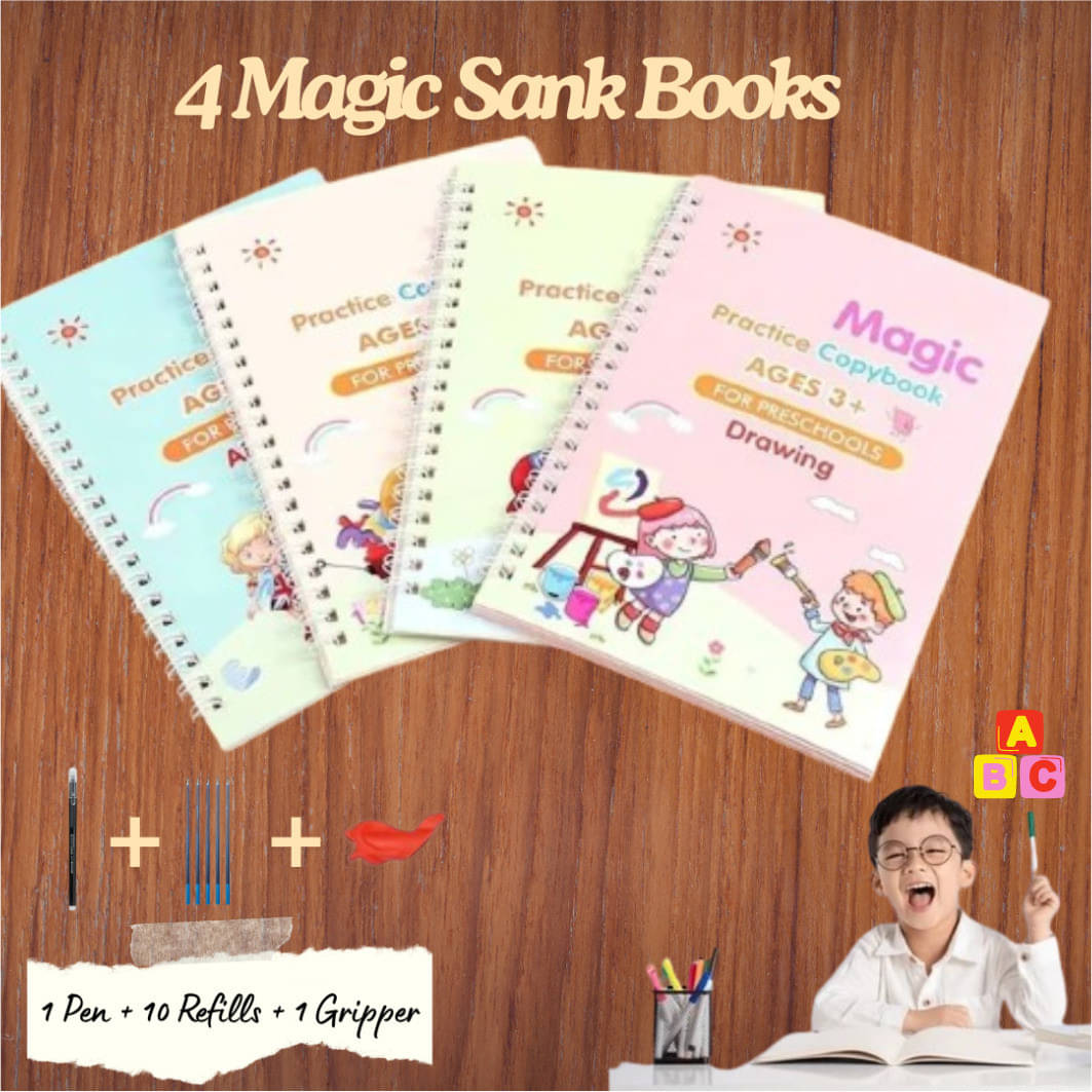 Sank Magic Practice Copybook | Magic Calligraphy Copybook Set | Writing Book | Kids Book (4 Book + 1 Pen + 10 Refill + 1 Grip) | Reusable Book | Magic Ink Sank Magic Practice Copybook | Magic Calligraphy Copybook Set | Writing Book | Kids Book (4 Book + 1 Pen + 10 Refill + 1 Grip) | Reusable Book | Magic Ink