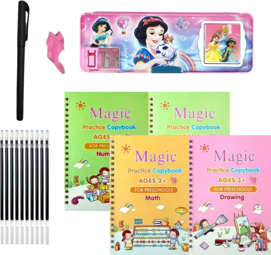 Sank Magic Practice Copybook |Number Tracing Book with Pen | Magnetic Pencil Box | Mini Calculator | Duel Integrated Sharpener |Disney Princess |Writing Book (4 Book + 1 Pen + 10 Refill + 1 Grip+ Pencil Box) Sank Magic Practice Copybook |Number Tracing Book with Pen | Magnetic Pencil Box | Mini Calculator | Duel Integrated Sharpener |Disney Princess |Writing Book (4 Book + 1 Pen + 10 Refill + 1 Grip+ Pencil Box)