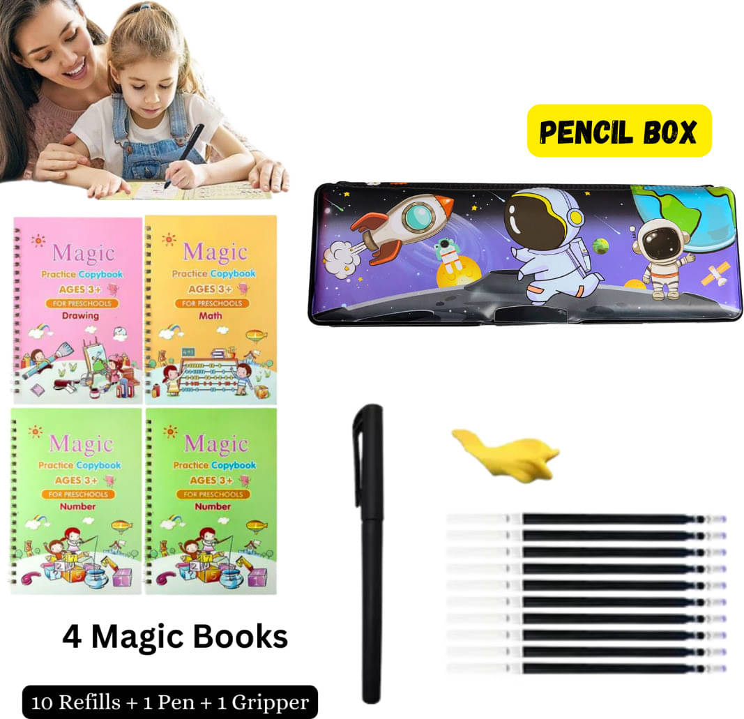     			Sank Magic Practice Copybook | Writing Book | Pencil Box | Pencil Case Reusable Book | Return Gift | (4 Book + 1 Pen + 10 Refill + 1 Grip+ Pencil Box) (Paperback, sank magic book)