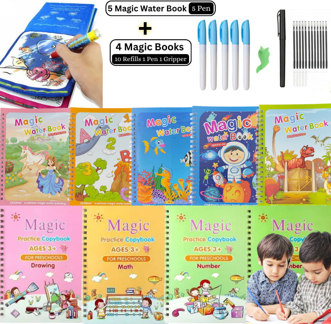 Sank Magic Practice Copybook with Water Magic Book, Quick Dry Painting and Learn Write Cursive Writing Extreme Fun and Enjoy with Drawing for Kids (5 Water Magic Book + 5 Pen With 4 Book + 10 Refill + 1 Pen + 1 Grip) Sank Magic Practice Copybook with Water Magic Book, Quick Dry Painting and Learn Write Cursive Writing Extreme Fun and Enjoy with Drawing for Kids (5 Water Magic Book + 5 Pen With 4 Book + 10 Refill + 1 Pen + 1 Grip)