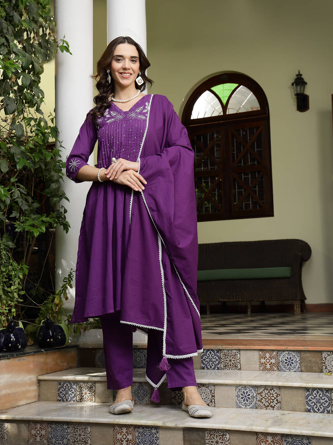     			Stylum Women Cotton Embroidered A-line Kurti With Pants ( Purple )