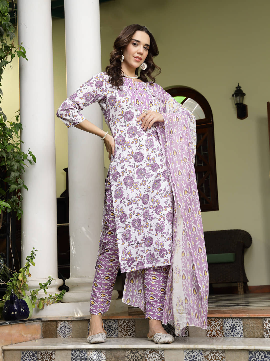Stylum Women Cotton Printed Straight Kurti With Pants ( Lavender )