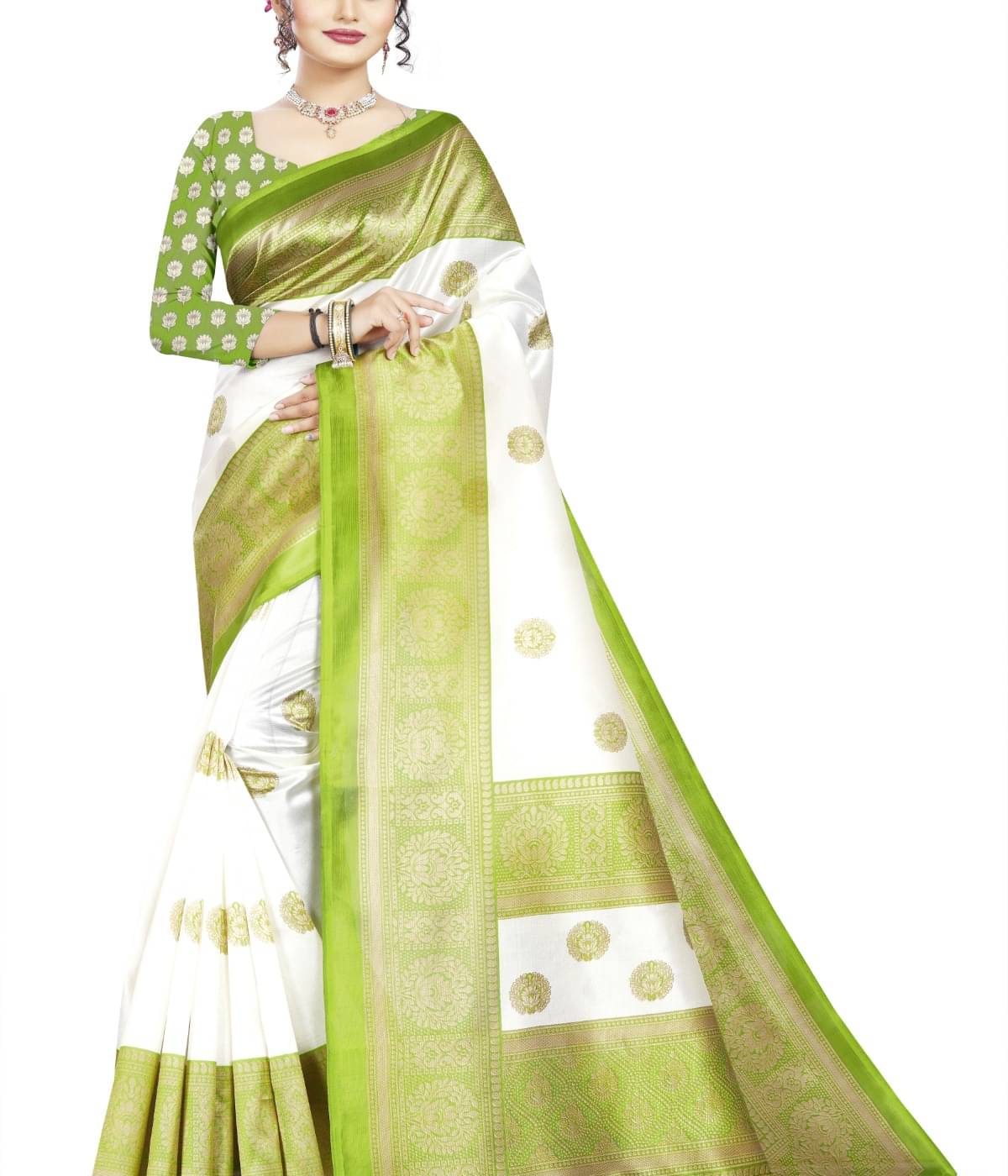     			Suali Art Silk Printed Saree With Unstitched Blouse Piece ( White )