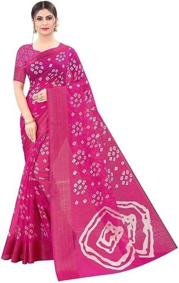     			Suali Cotton Blend Printed Saree With Unstitched Blouse Piece ( Pink )
