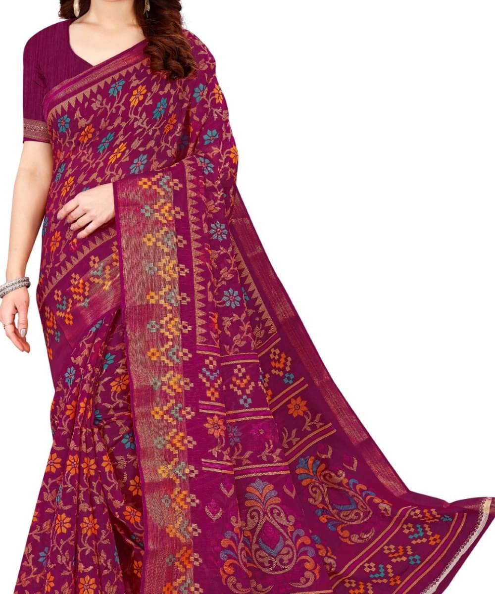     			Suali Cotton Blend Printed Saree With Unstitched Blouse Piece ( Purple )