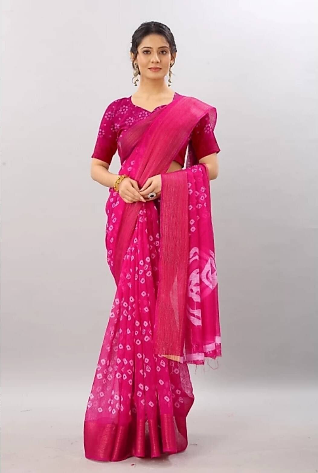     			Suali Cotton Blend Printed Saree With Unstitched Blouse Piece ( Pink )