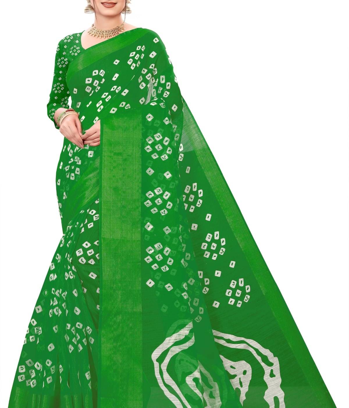     			Suali Cotton Blend Printed Saree With Unstitched Blouse Piece ( Green )