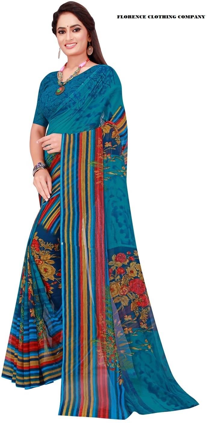 Suali Georgette Printed Saree With Unstitched Blouse Piece ( Blue ) Suali Georgette Printed Saree With Unstitched Blouse Piece ( Blue )