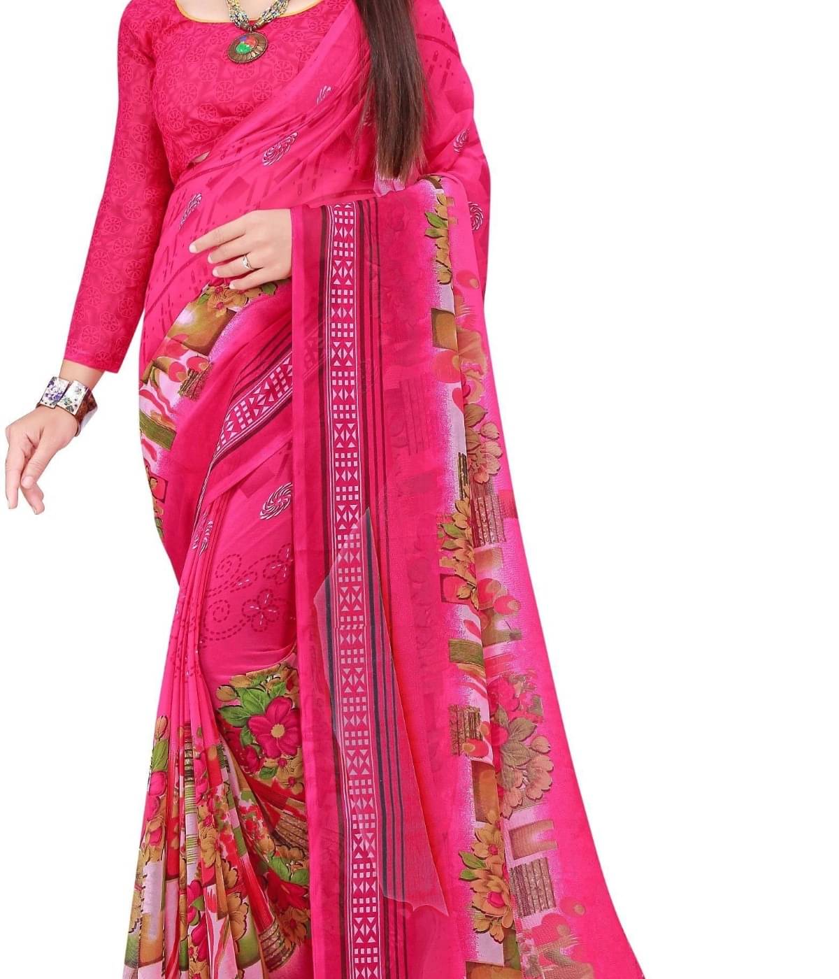 Suali Georgette Printed Saree With Unstitched Blouse Piece ( Pink ) Suali Georgette Printed Saree With Unstitched Blouse Piece ( Pink )