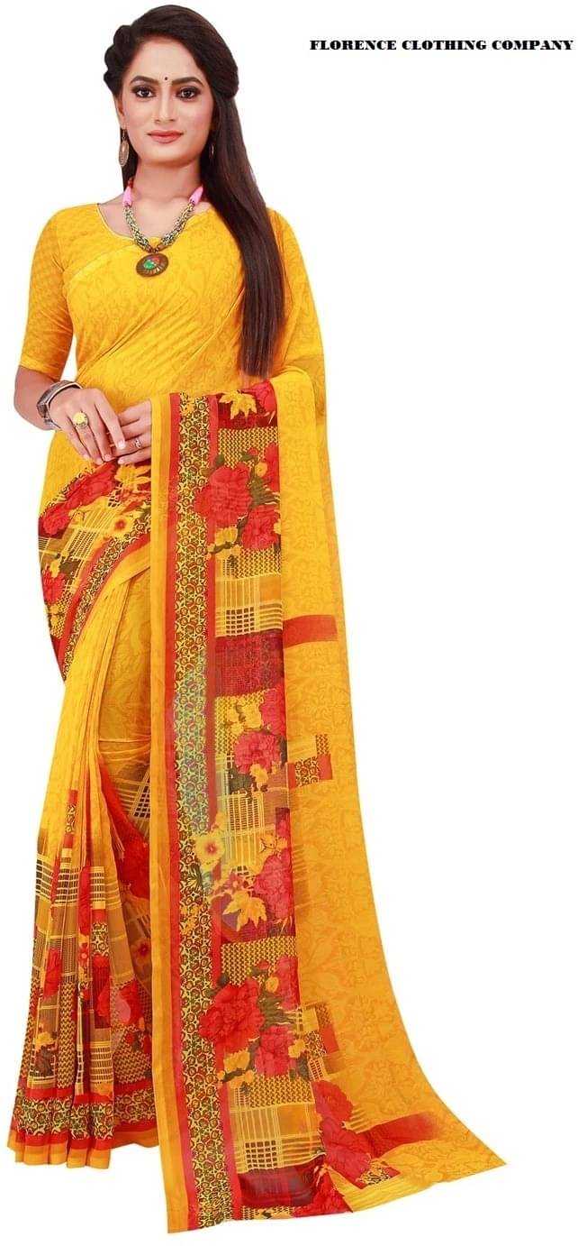     			Suali Georgette Printed Saree With Unstitched Blouse Piece ( Yellow )