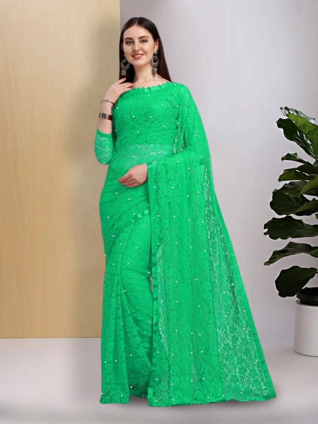 Suali Net Embellished Saree With Unstitched Blouse Piece ( Green ) Suali Net Embellished Saree With Unstitched Blouse Piece ( Green )