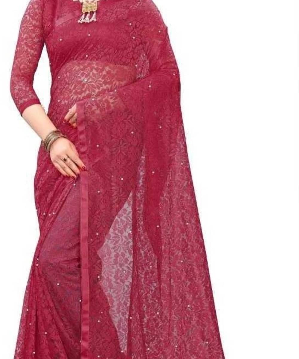 Suali Net Embellished Saree With Unstitched Blouse Piece ( Pink ) Suali Net Embellished Saree With Unstitched Blouse Piece ( Pink )