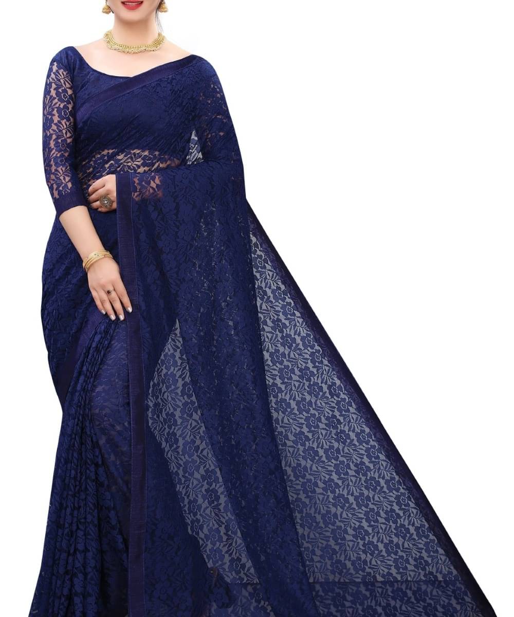     			Suali Net Embroidered Saree With Unstitched Blouse Piece ( Blue )