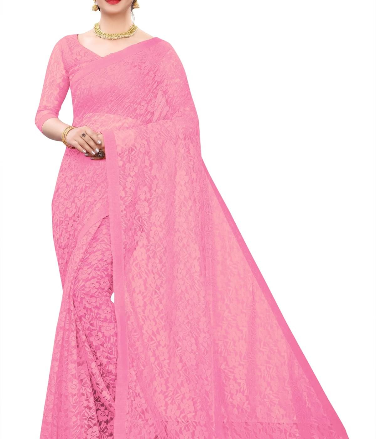     			Suali Net Embroidered Saree With Unstitched Blouse Piece ( Pink )