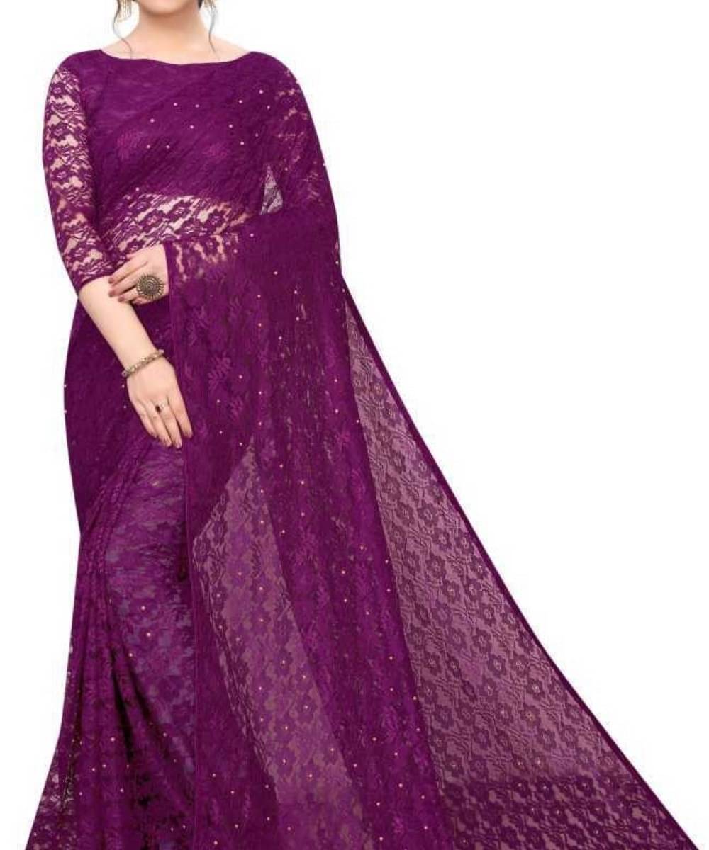     			Suali Net Self Design Saree With Unstitched Blouse Piece ( Purple )