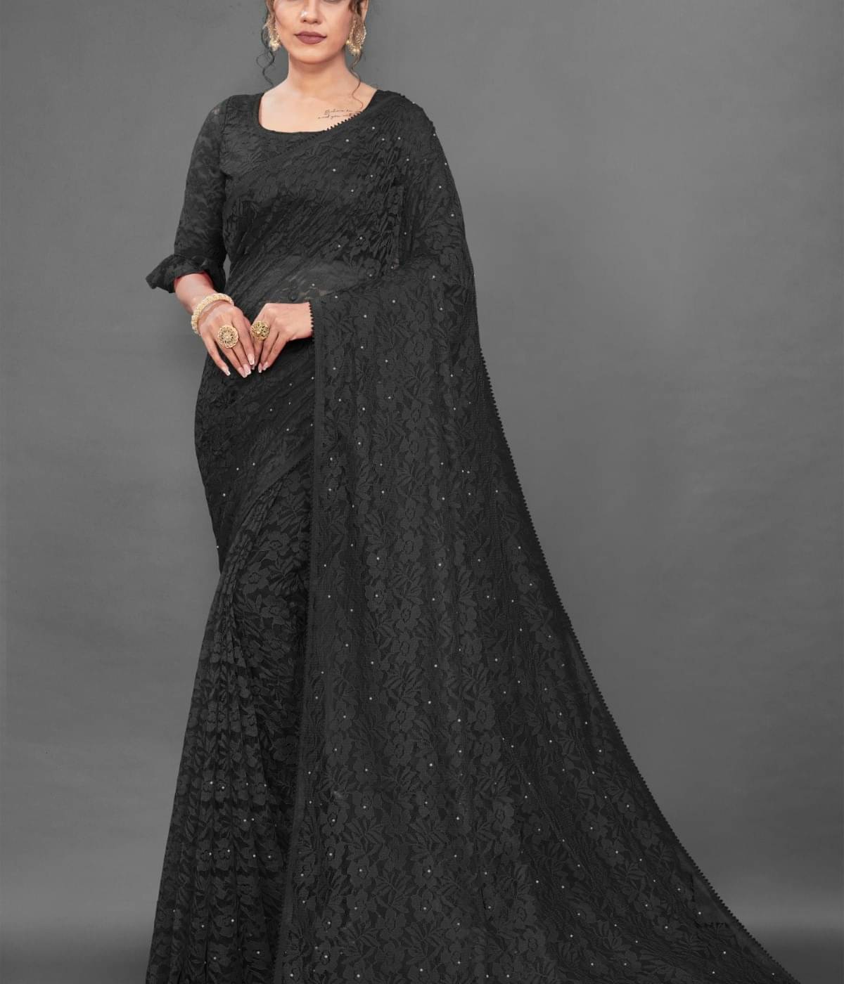 Suali Net Self Design Saree With Unstitched Blouse Piece ( Black ) Suali Net Self Design Saree With Unstitched Blouse Piece ( Black )