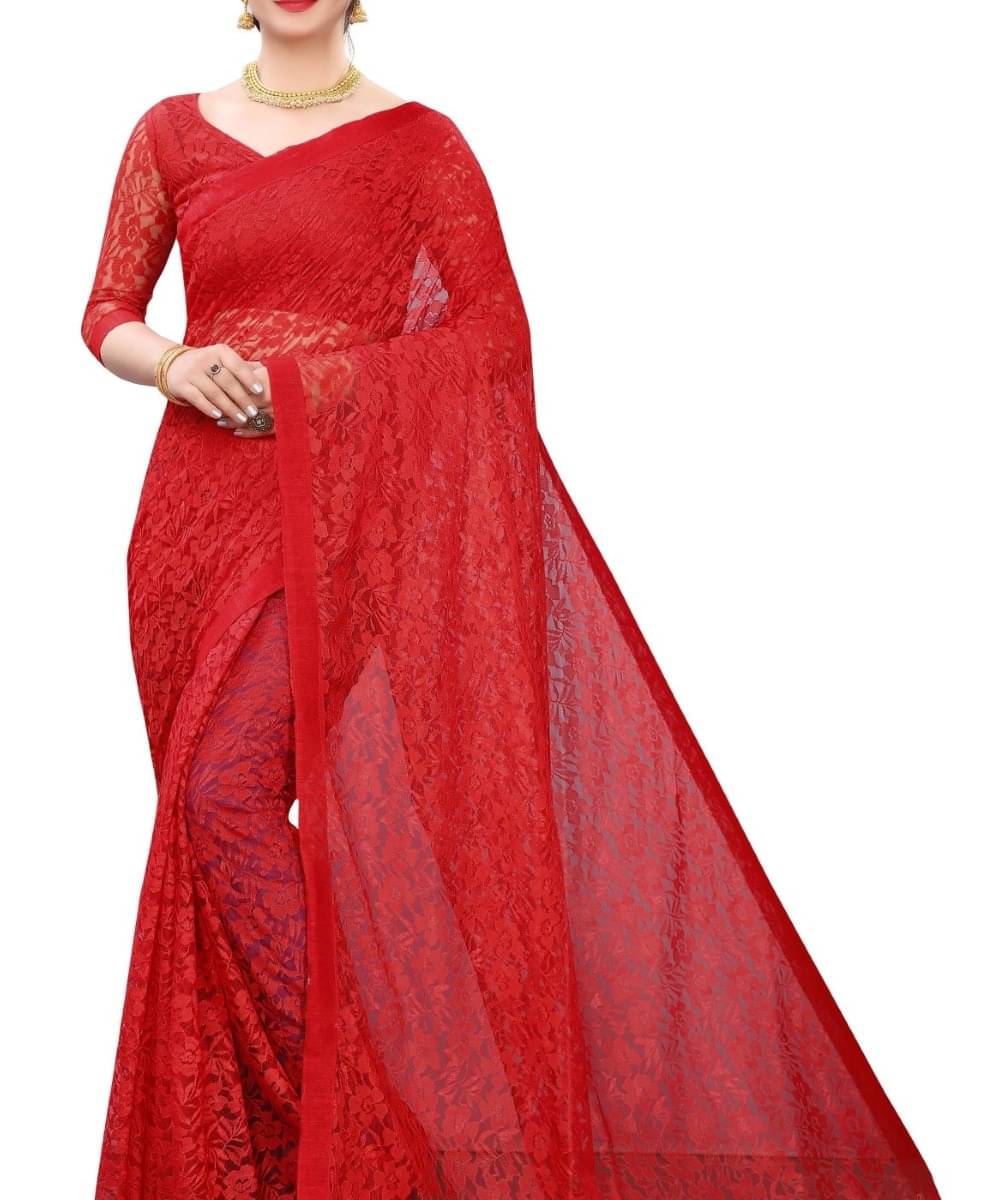 Suali Net Solid Saree With Unstitched Blouse Piece ( Red ) Suali Net Solid Saree With Unstitched Blouse Piece ( Red )