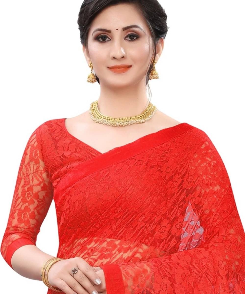 Suali Net Woven Saree With Unstitched Blouse Piece ( Red ) Suali Net Woven Saree With Unstitched Blouse Piece ( Red )