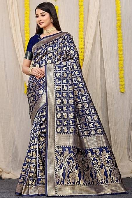     			Suntex Silk Woven Saree With Unstitched Blouse Piece ( Navy Blue )