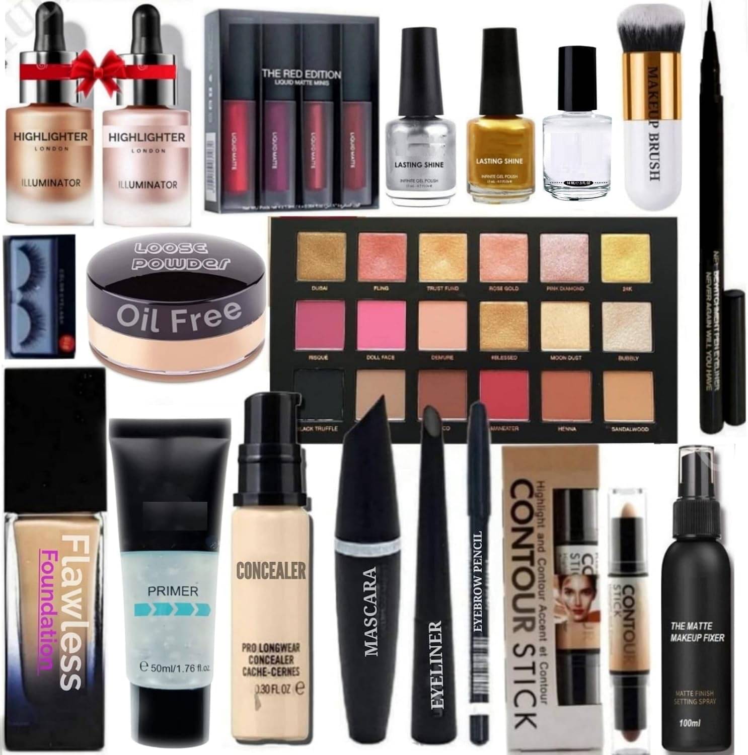     			Toroka Makeup Kit ( 2 Highlighter::1 Eyeshadow::Liquid Lipstick::1 Eyeshadow::Foundation bottle )