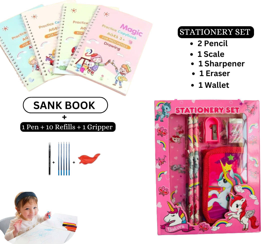     			Ultimate Unicorn-Themed Stationery Kit with Sank Book & More | 2 Pencils, Wallet, Eraser, Sharpener,scale,,Pen, 10 Refills, & Gripper Included | Perfect for Fun Learning & Creative Kids