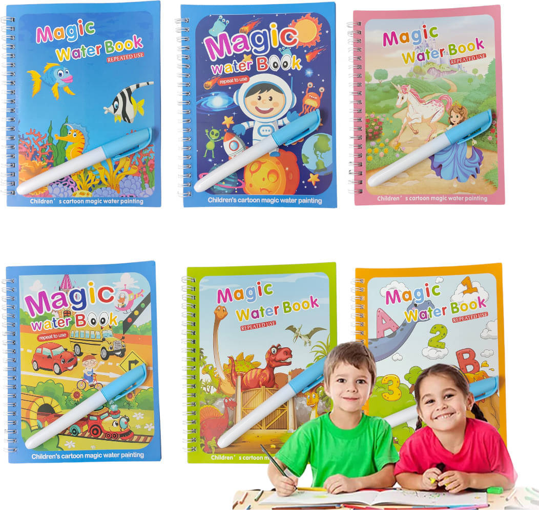     			Water Magic Book, Reusable Colouring Book, Chunky-Size Water Pen for Kids, 6Pc