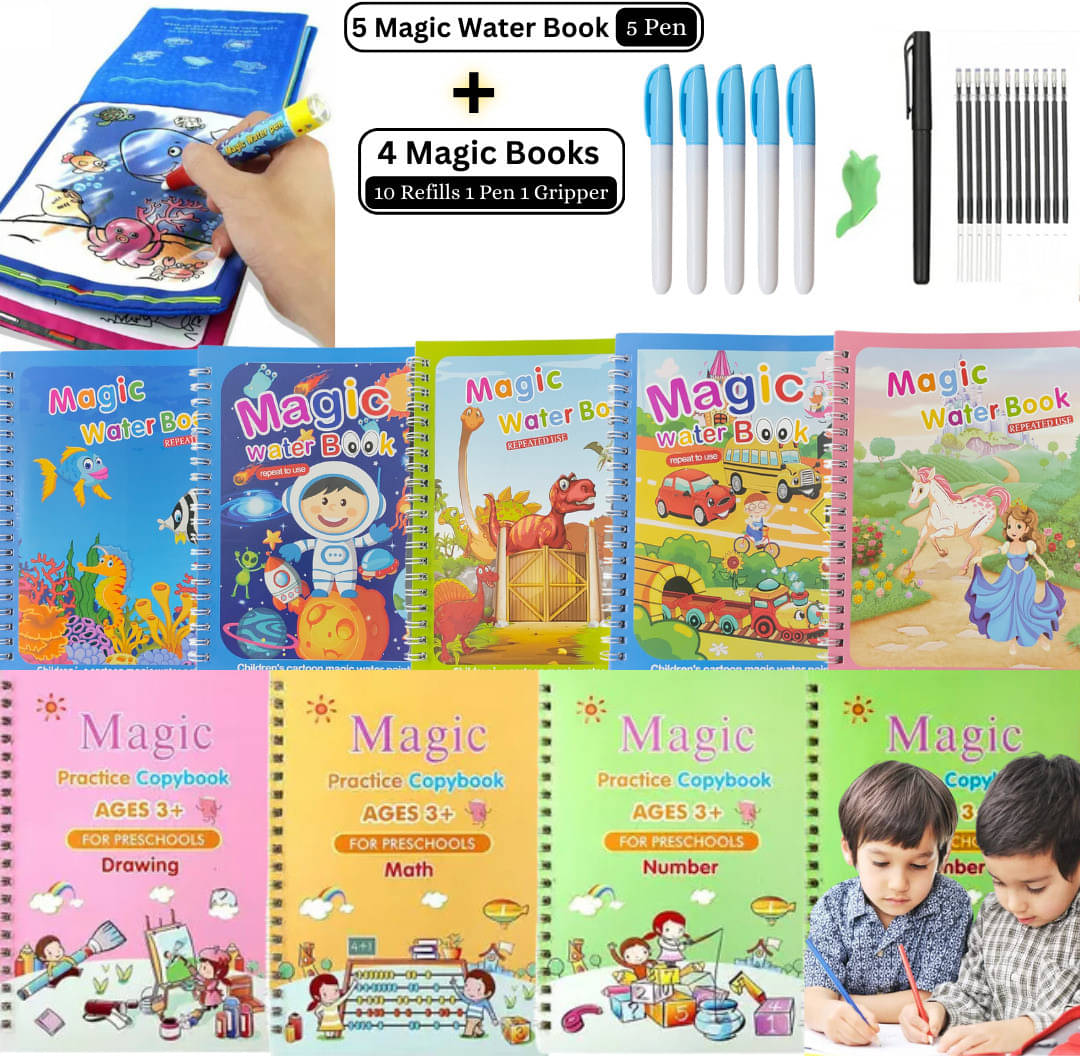 Water Magic Book with Sank Magic Book, Quick Dry Painting, Learn Write Cursive Writing Extreme Fun and Enjoy with Drawing for Kid's (5 Water Magic Book + 5 Pen With 4 Book + 10 Refill + 1 Pen + 1 Grip)     			Water Magic Book with Sank Magic Book, Quick Dry Painting, Learn Write Cursive Writing Extreme Fun and Enjoy with Drawing for Kid's (5 Water Magic Book + 5 Pen With 4 Book + 10 Refill + 1 Pen + 1 Grip)