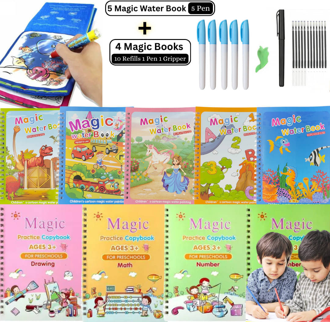     			Water Magic Book with Sank Magic Practice Copybook, Number Tracing, Magic Calligraphy Copybook, (5 Water Magic Book + 5 Pen With 4 Book + 10 Refill + 1 Pen + 1 Grip)