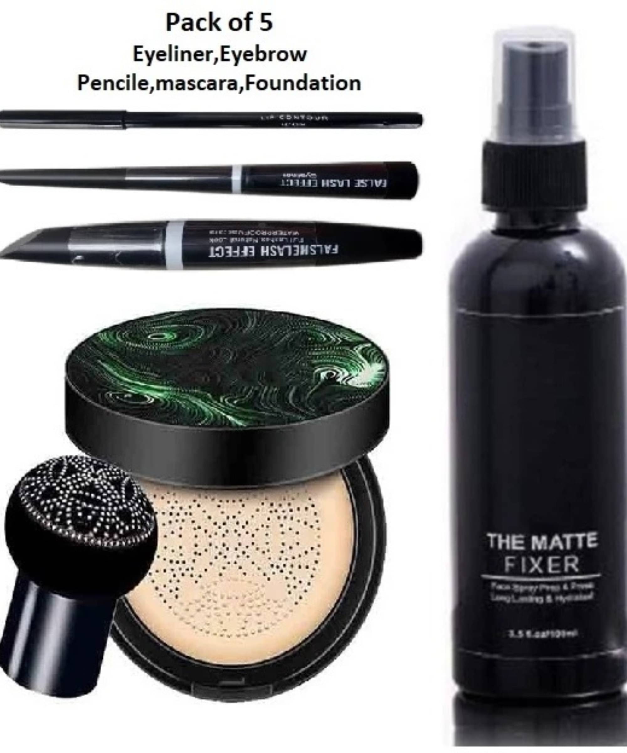     			Yelgo Makeup Kit ( Foundation with mushroom Puff::Fixer::Eyeliner::Eyebrow Pencil::Mascara )