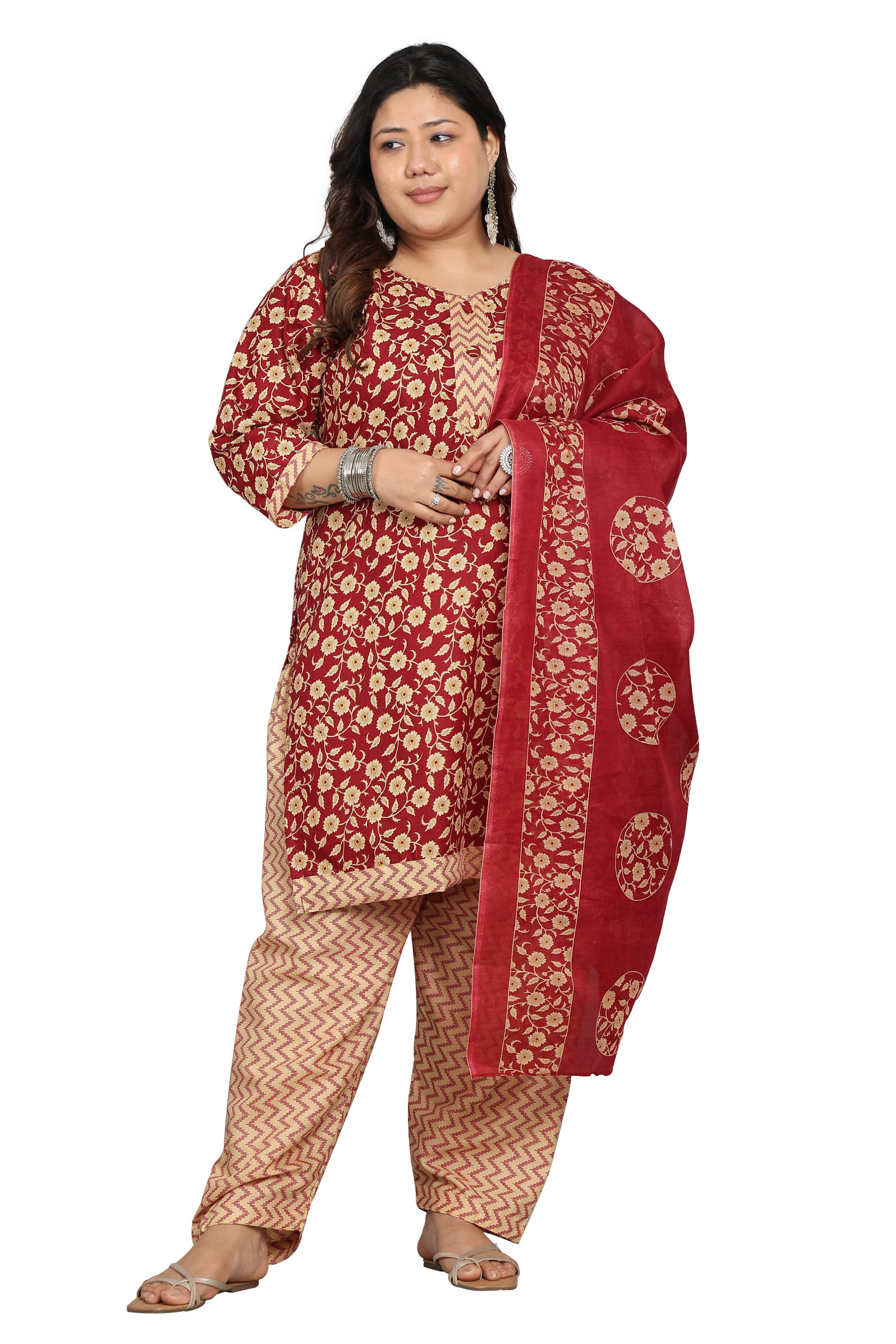 wonder weave Women Cotton Blend Printed Straight Kurti With Patiala Salwar ( Maroon )