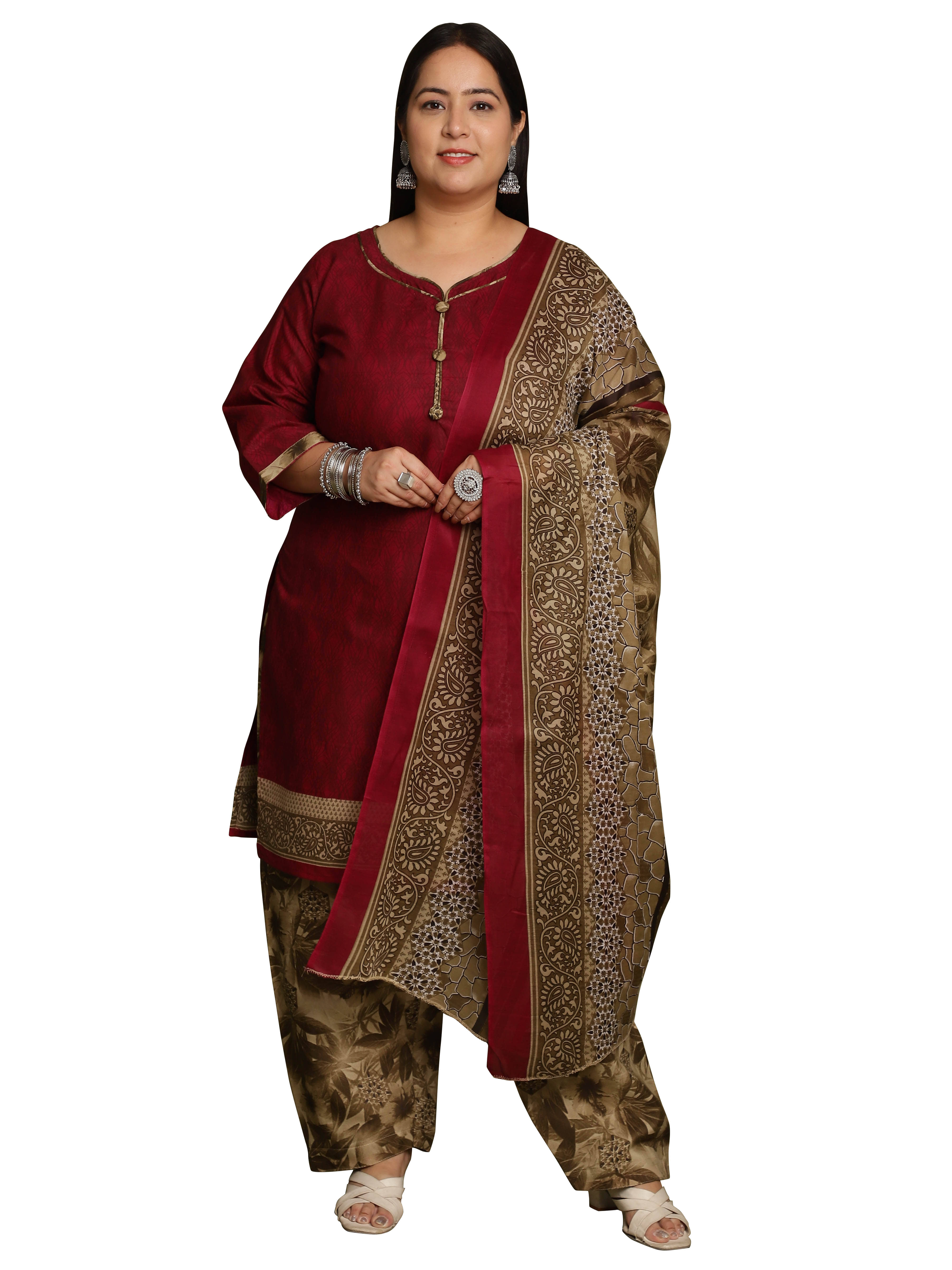 wonder weave Women Cotton Blend Printed Straight Kurti With Patiala Salwar ( Wine )