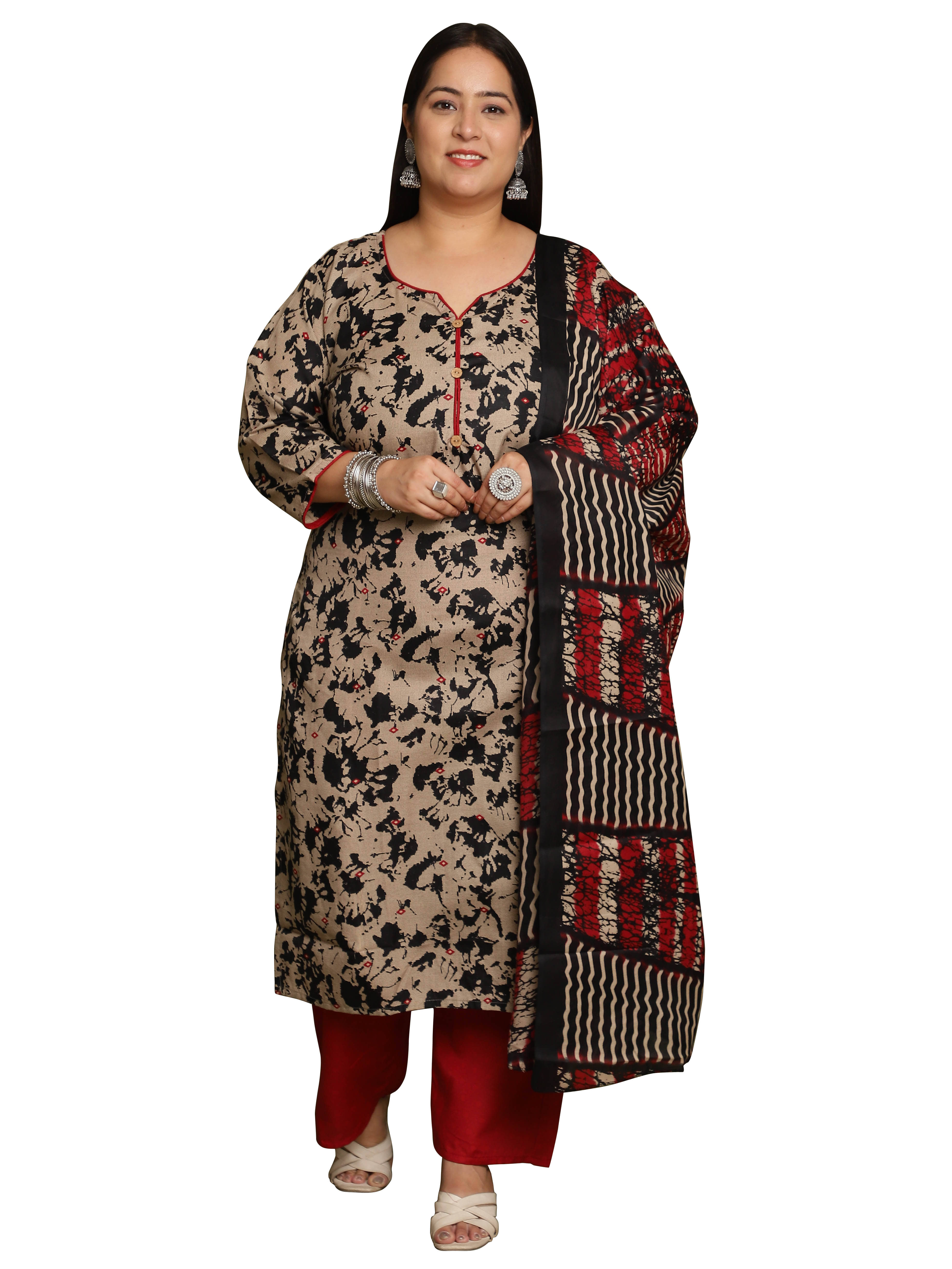 wonder weave Women Cotton Blend Printed Straight Kurti With Pants ( Beige )