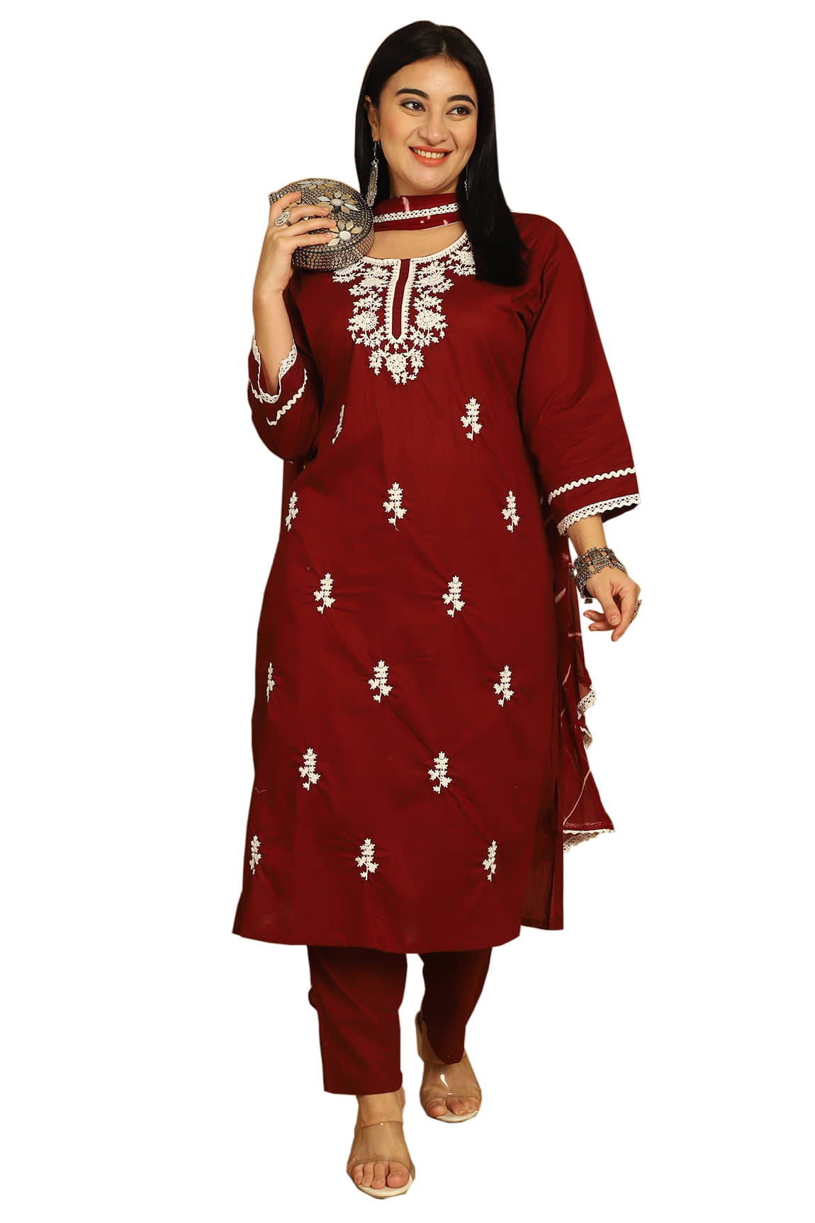wonder weave Women Cotton Embroidered Straight Kurti With Pants ( Wine ) wonder weave Women Cotton Embroidered Straight Kurti With Pants ( Wine )