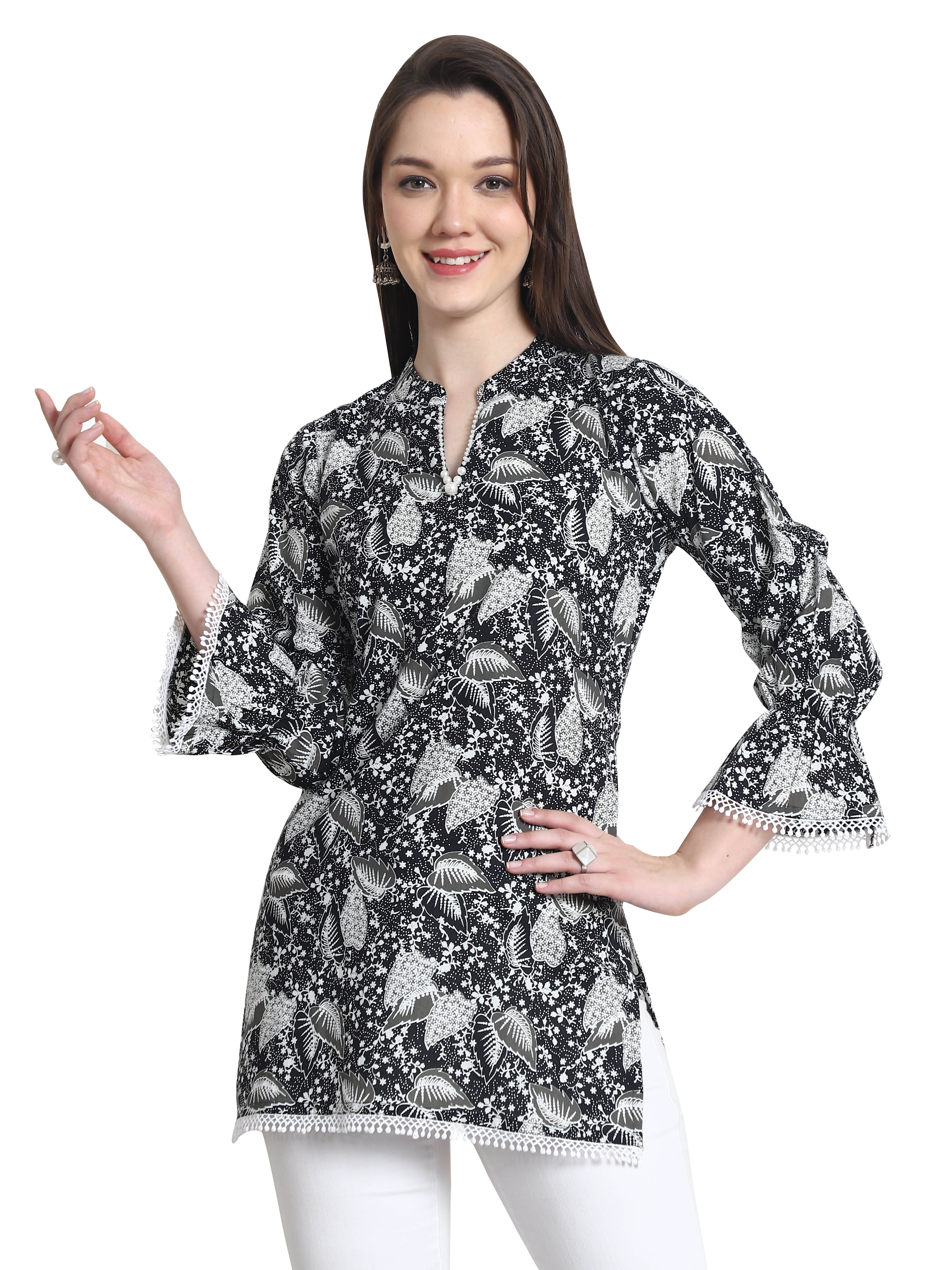 wonder weave Women Cotton Printed Straight Kurti ( Black )     			wonder weave Women Cotton Printed Straight Kurti ( Black )