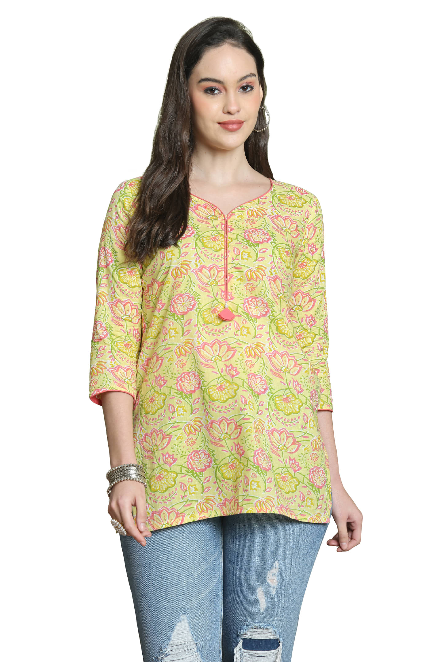     			wonder weave Women Cotton Printed Straight Kurti ( Yellow )