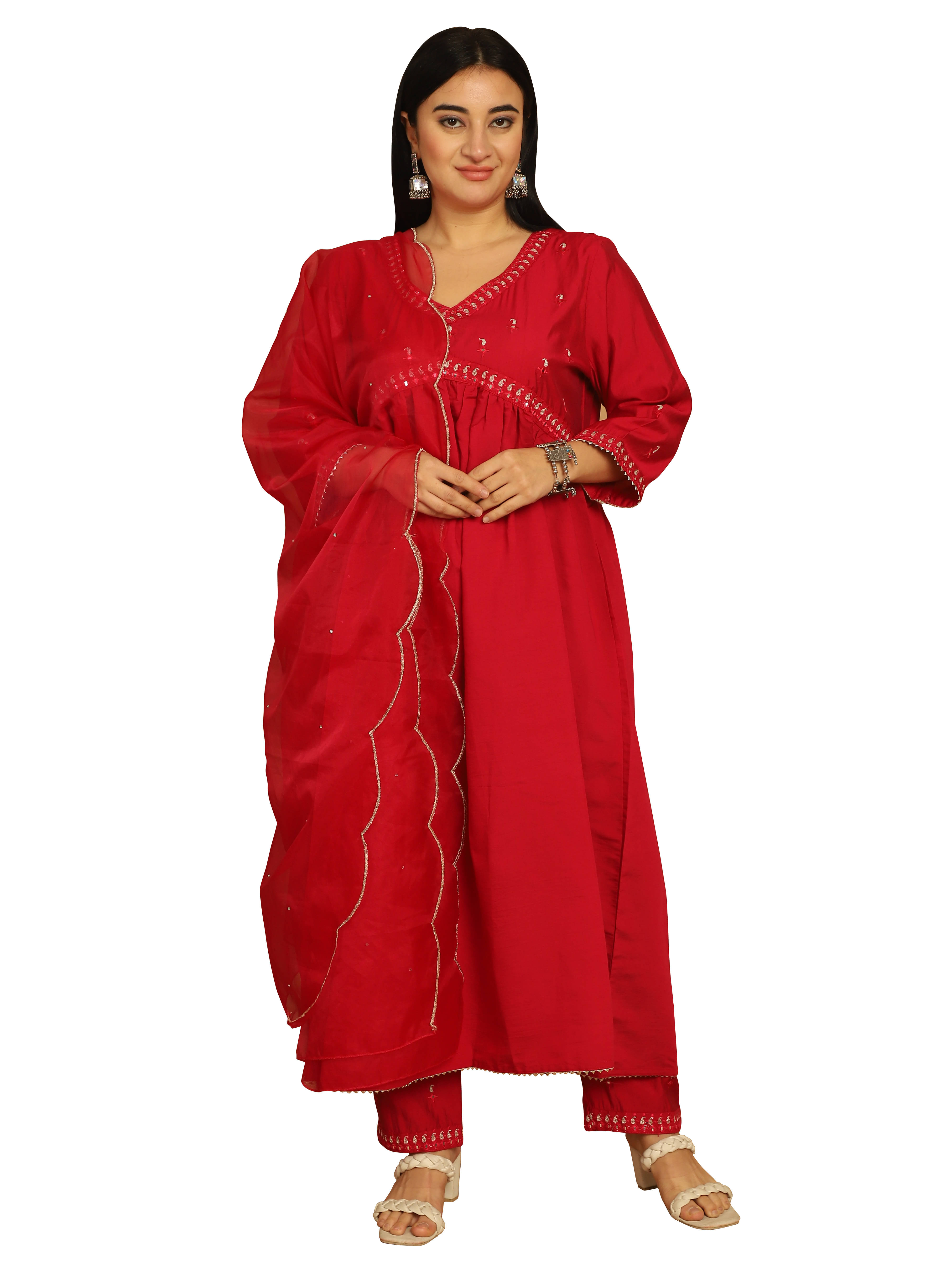     			wonder weave Women Silk Embroidered Anarkali Kurti With Pants ( Pink )