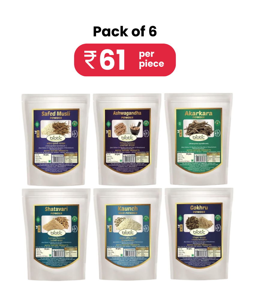 Biotic S.Musli Ashwagandha Shatavari Gokhru Kaunch Akarkr Powder 300 gm Pack of 6 Biotic S.Musli Ashwagandha Shatavari Gokhru Kaunch Akarkr Powder 300 gm Pack of 6