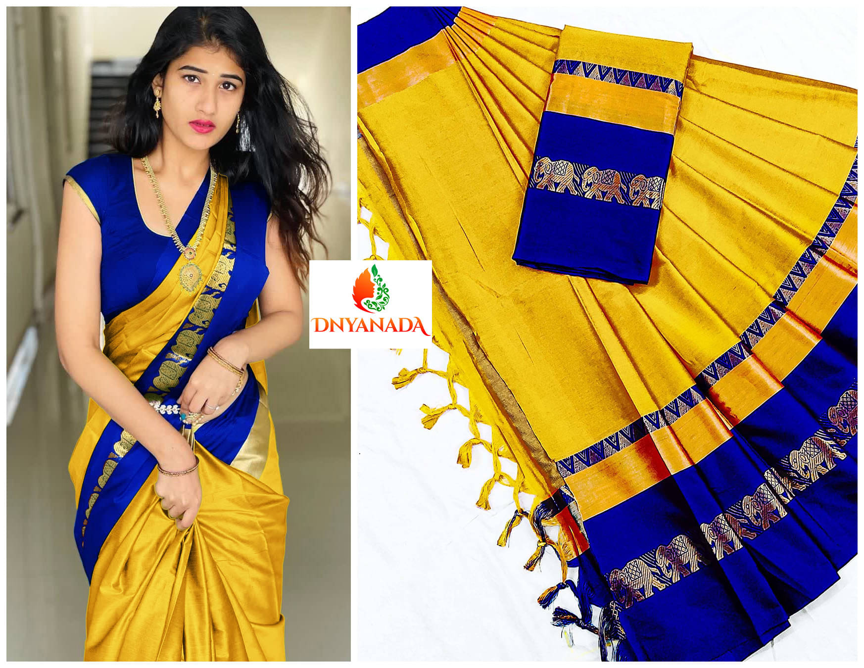     			Dnyanada Cotton Silk Embellished Saree With Unstitched Blouse Piece ( Yellow )