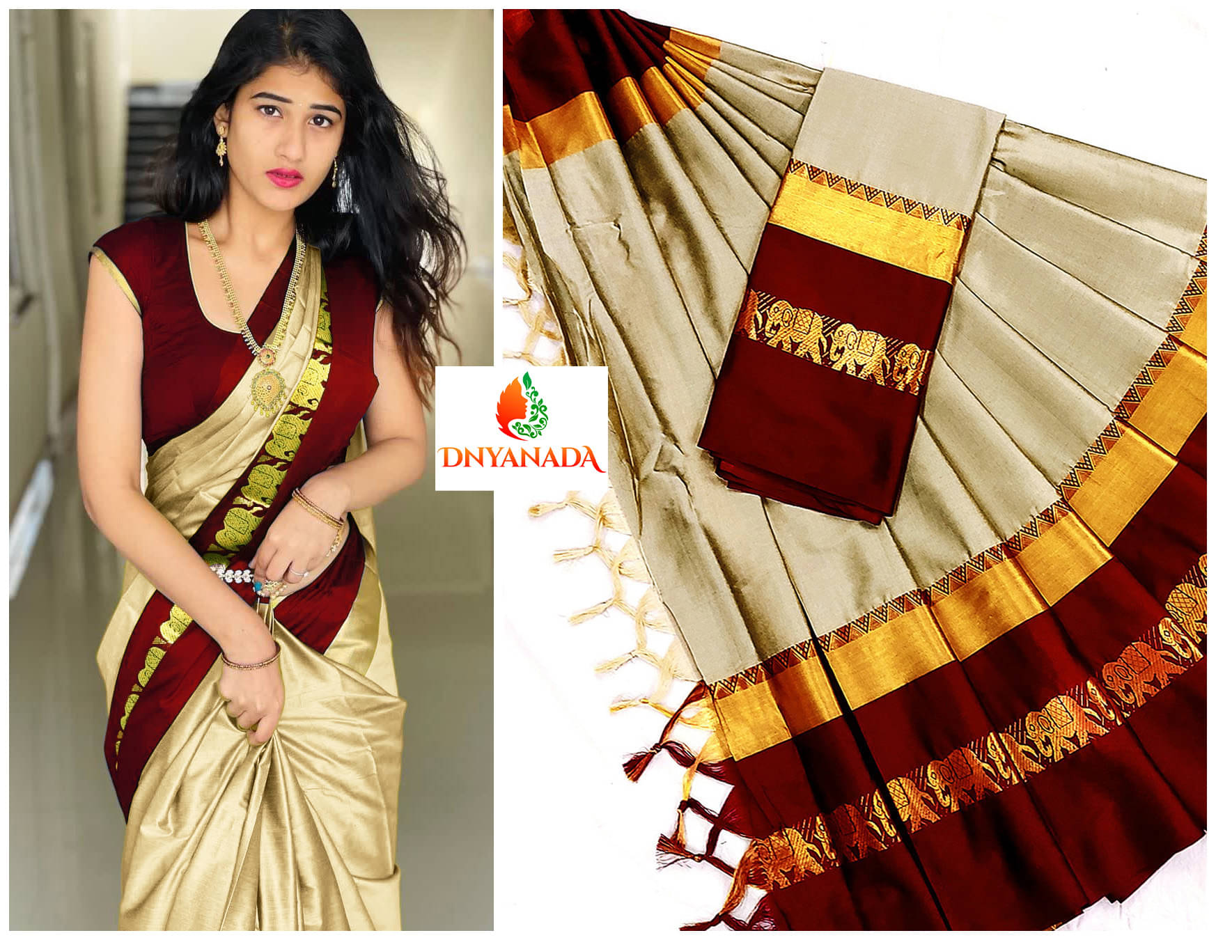    			Dnyanada Cotton Silk Embellished Saree With Unstitched Blouse Piece ( Beige1 )