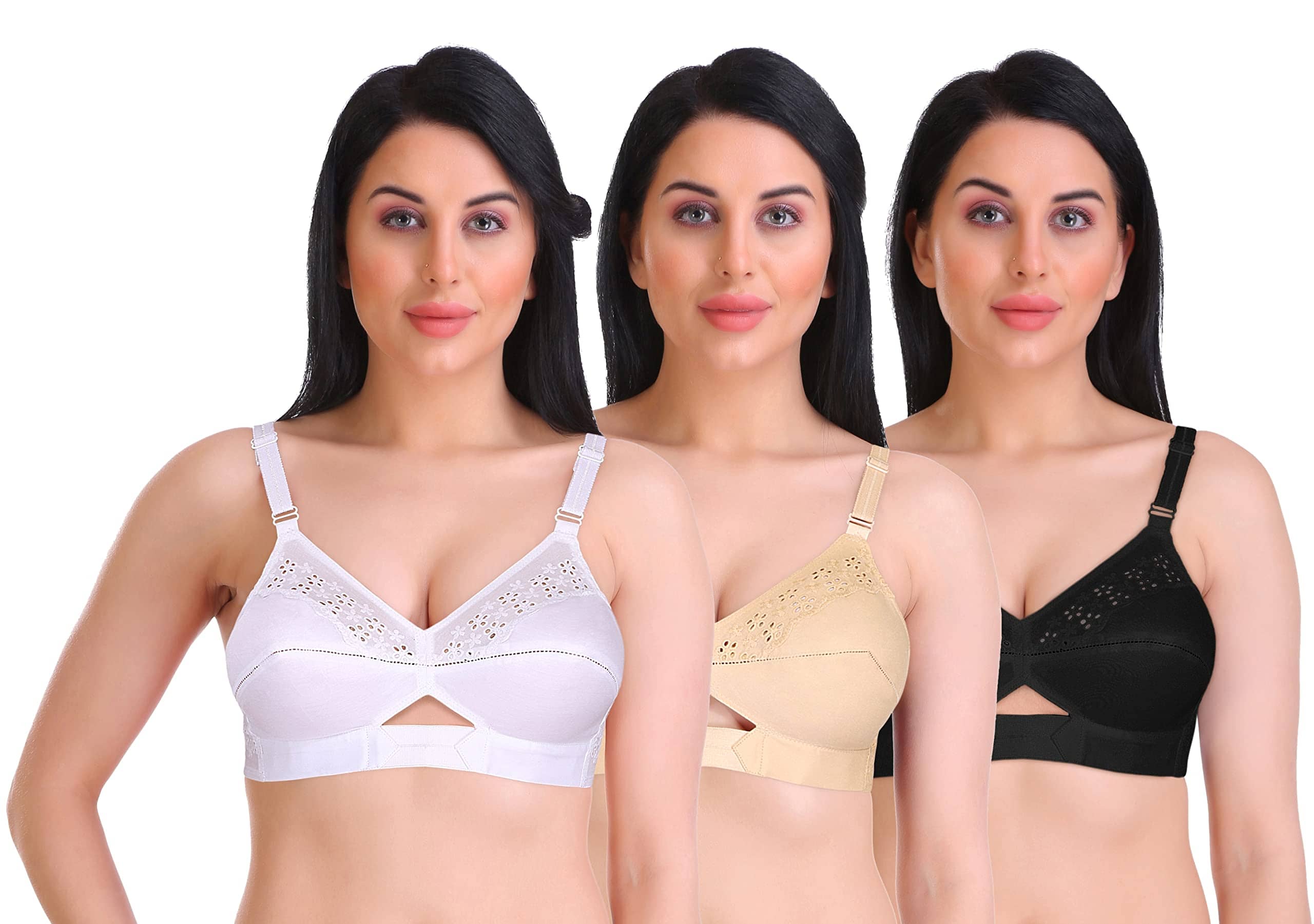 Featherline Pack of 3 Cotton Non Padded Everyday Bra For Women ( Multicolor3 )