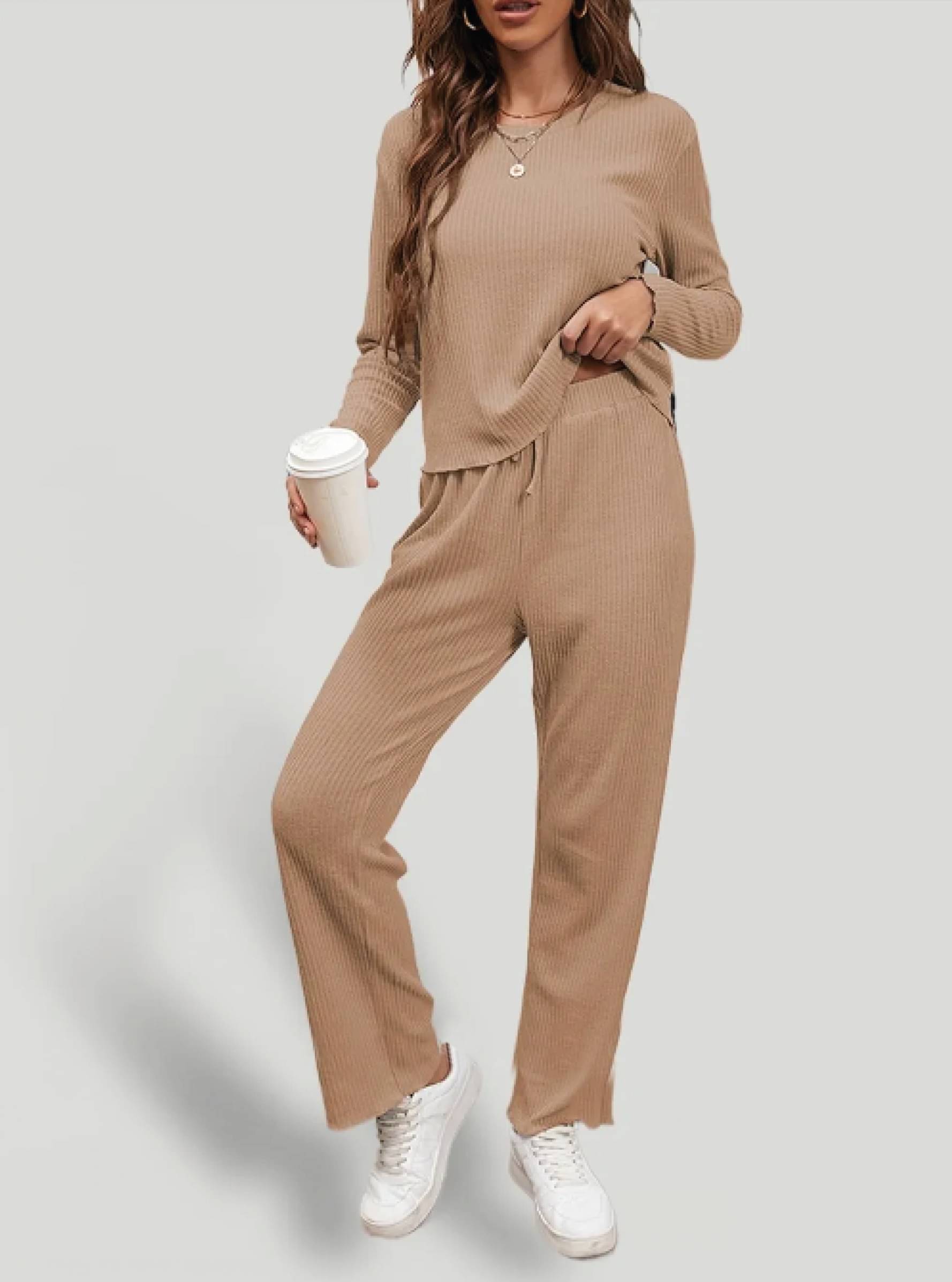     			GRAND MALBORK Women Solid T-Shirt With Trousers Co-Ord Set ( Beige )