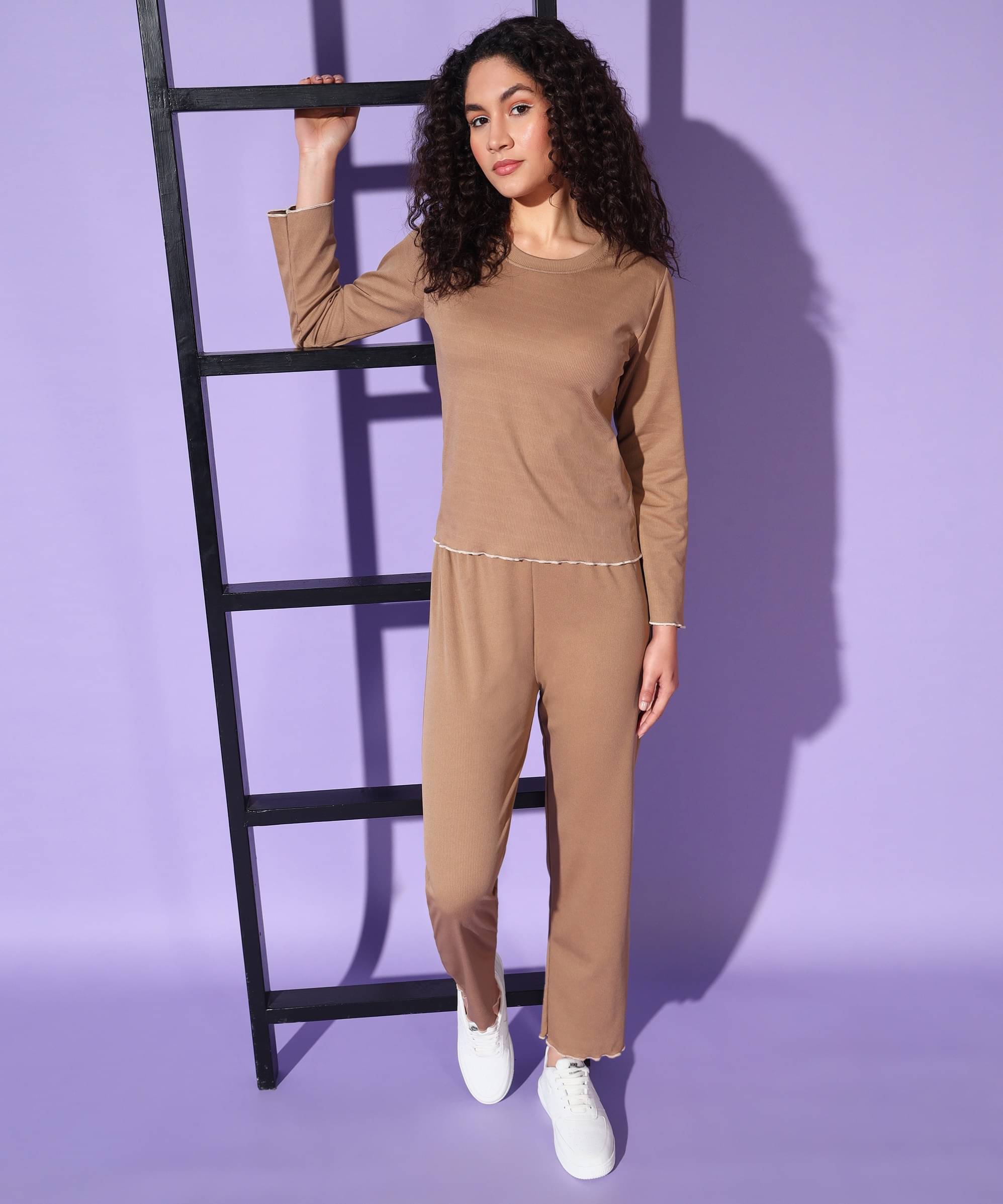     			GRAND MALBORK Women Solid T-Shirt With Trousers Co-Ord Set ( Beige )