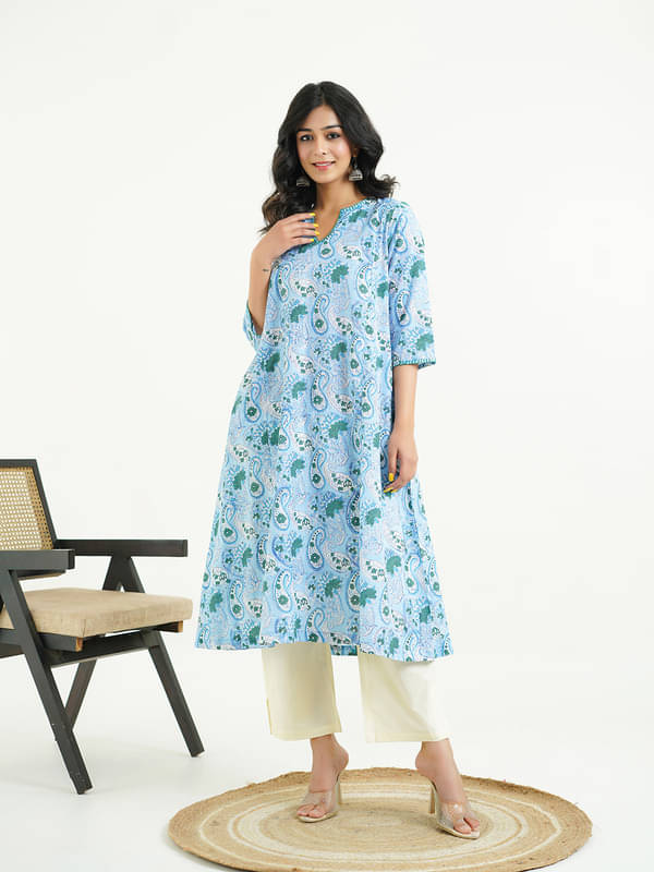Goodhand Women Cotton Printed Straight Kurti ( Blue )     			Goodhand Women Cotton Printed Straight Kurti ( Blue )