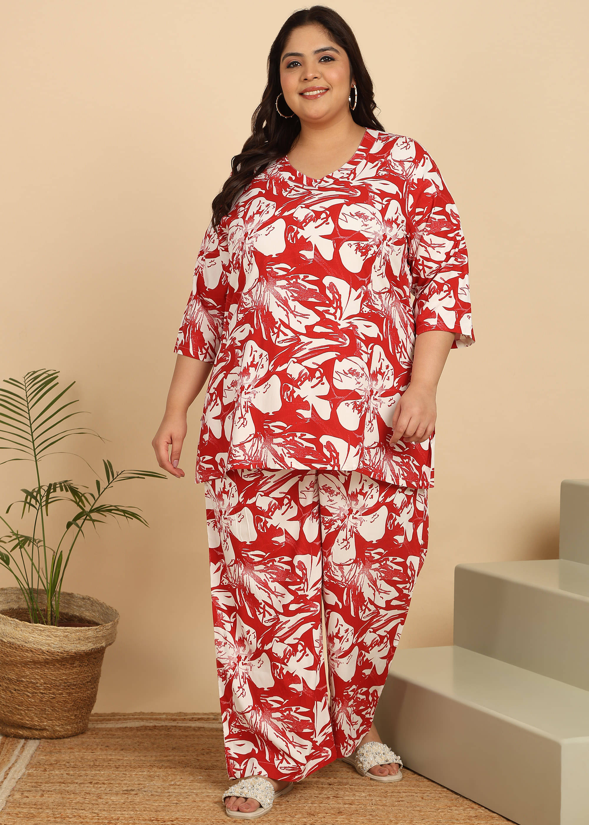 Habibichoice Women Printed Tunic With Palazzos Co-Ord Set ( Red )     			Habibichoice Women Printed Tunic With Palazzos Co-Ord Set ( Red )