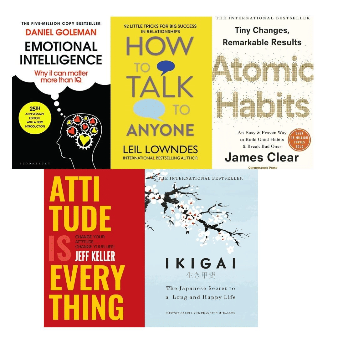 Ikigai + Atomic Habits + Emotional Intelligence + Attitude Is Everything + How To Talk To Anyone - Combo Of 5 Books     			Ikigai + Atomic Habits + Emotional Intelligence + Attitude Is Everything + How To Talk To Anyone - Combo Of 5 Books